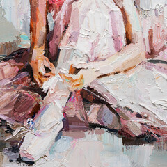 Little ballerina with curly hair sits and fastens pointe shoes on a white background. Oil painting, palette knife technique and brush.