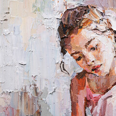 Little ballerina with curly hair sits and fastens pointe shoes on a white background. Oil painting, palette knife technique and brush.