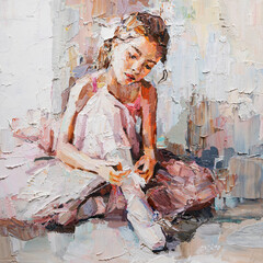 Little ballerina with curly hair sits and fastens pointe shoes on a white background. Oil painting,...