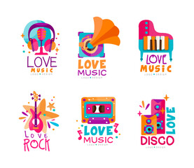 Fototapeta na wymiar Bright Music Logo with Electric Guitar, Piano, Microphone and Gramophone Vector Set