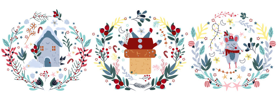 Christmas bright wreath with Santa Claus climbed in chimney, snow covered house, funny mouse in a scarf. Concept Christmas and New Year. Vector.