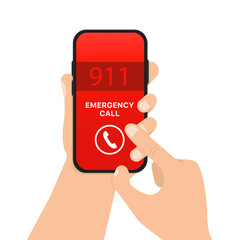 Hand holding an emergency phone to call 911. Vector illustration