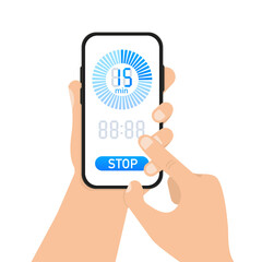 A hand holding a phone on which the time is ticking. Vector illustration