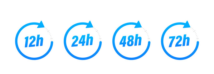 12, 24, 48 and 72 hour mark icon. working time or delivery time symbol, vector illustration isolated on white background. Vector illustration
