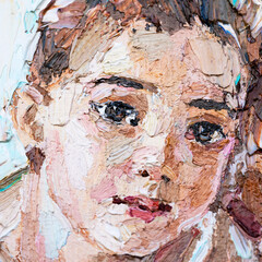 Little ballerina with curly hair sits and fastens pointe shoes on a white background. Oil painting, palette knife technique and brush.