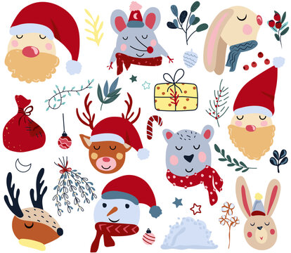 Winter animals head and Santa Claus, cute polar bear in a scarf, rabbit head, funny mouse, colorful flowers and leaves. Magic animals. Concept Christmas and New Year. Vector.