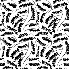 Black floral rustic branches seamless pattern. Silhouettes of berry twigs or branches with small leaves. Brush drawn botanical seamless pattern with long curved stems. Vector abstract plant motif.