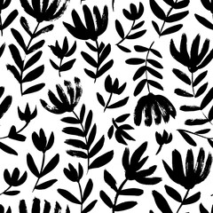 Abstract chrysanthemum blooming seamless pattern. Brush drawn wild flowers on stems with pungent leaves. Vector black flower imprints. Hand drawn botanical ornament with black silhouettes.