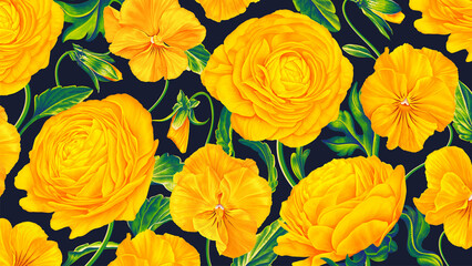 Horizontal floral background. Yellow flowers on dark background. Buttercups, ranunculus, pansies, Viola realistic plants drawn by hand for your design, wallpaper, postcards, posts banners 