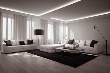 Interior of living room with white sofa, coffee table and lamps, panorama 3d rendering