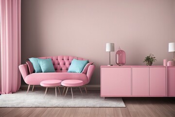Vintage style living room with pastel color,sideboard and pink armchair 3d rendering