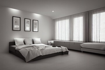 Interior of white and gray cozy bedroom, interior background, 3D rendering, 3D illustration