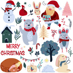 Christmas collection with Santa Claus, sleeping deer, funny polar bear, cute rabbit, colorful leaves and other. Concept Christmas and New Year. Funny cartoon characters. Vector
