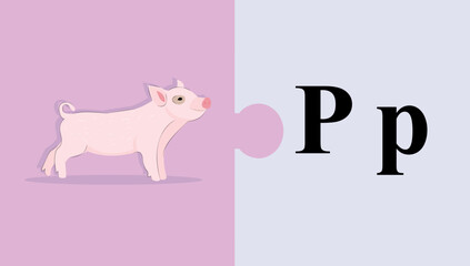 letter p, words starting with P, alphabet, learning the alphabet, learning letters, pictures for kids, early school, activities for children, puzzles, ideas for playing with a child, pig