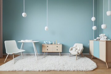 Modern scandinavian newborn baby room with design mint armchair, table, toys, plush animal and neutral decoration. Hanging cotton balls. Cozy kid room interior with beige walls. Home staging. Template