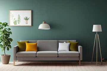 Living room interior with gray velvet sofa, pillows, green plaid, lamp and fiddle leaf tree in wicker basket on white wall background. 3D rendering.