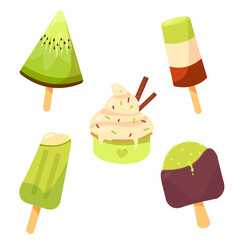 Ice cream of different types creamy kiwi pistachio chocolate popsicle on a stick in a cup vector	