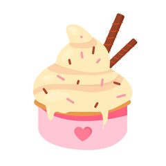 Creamy ice cream with sprinkles and chocolate tubes in a cup vector