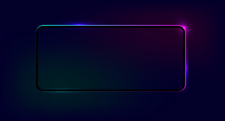 Neon rounded rectangular frame with shining effects on dark background. Empty glowing techno backdrop. Vector illustration.