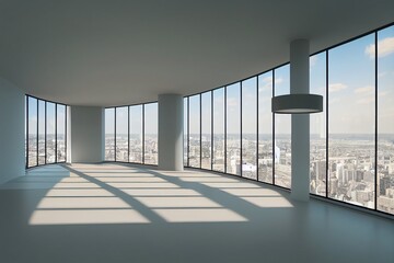 Clean glass concrete office interior with city view, daylight, furniture and equipment. 3D Rendering
