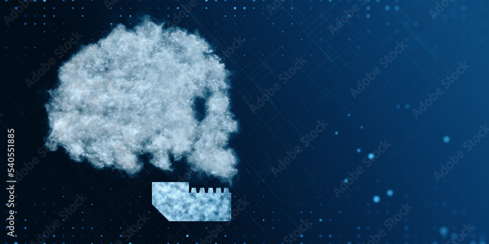 Poster Abstract digital cloud skull on blue background. Cloud computing, hacking and data theft concept. 3D Rendering.