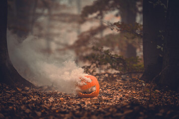 Halloween jack o lantern with smoke coming out in the forest