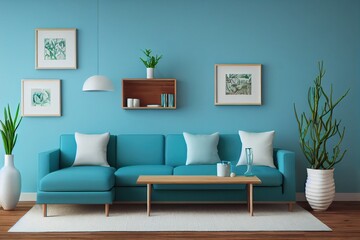 Interior design of living room with wooden shelf and home accessories. Wall decor with branch in vase. Turquoise wall with copy space. Modern home decoration. Background template. 3d rendering