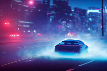 Naklejka na ściany i meble Street racing of the future. Futuristic sports car in motion (non-existent car design). Сar drifting, tire smoke wafting, neon city background. 3d illustration