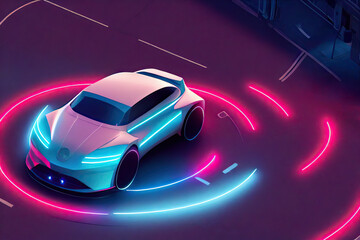 Obraz na płótnie Canvas Street racing of the future. Futuristic sports car in motion (non-existent car design). Сar drifting, tire smoke wafting, neon city background. 3d illustration