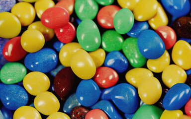 Many colorful stones in a bowl. Overhead closeup shot.
