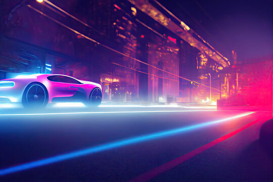 Street racing of the future. Futuristic sports car in motion (non-existent car design). Сar drifting, tire smoke wafting, neon city background.  3d illustration