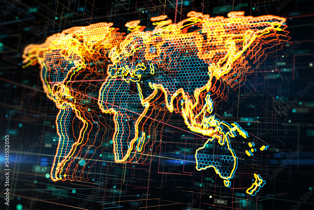 Poster Hexagon shape digital glowing world map on abstract dark technological background, innovation and global connection concept. 3D rendering