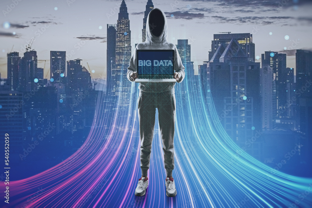 Aufkleber Hacker with computer and abstract glowing big data or metaverse hologram on blurry city background. Future, hacking and digital world concept. Double exposure.