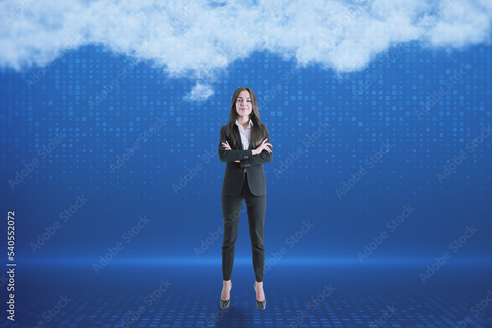 Poster attractive young european businessman on blurry digital blue background with abstract cloud. cloud c