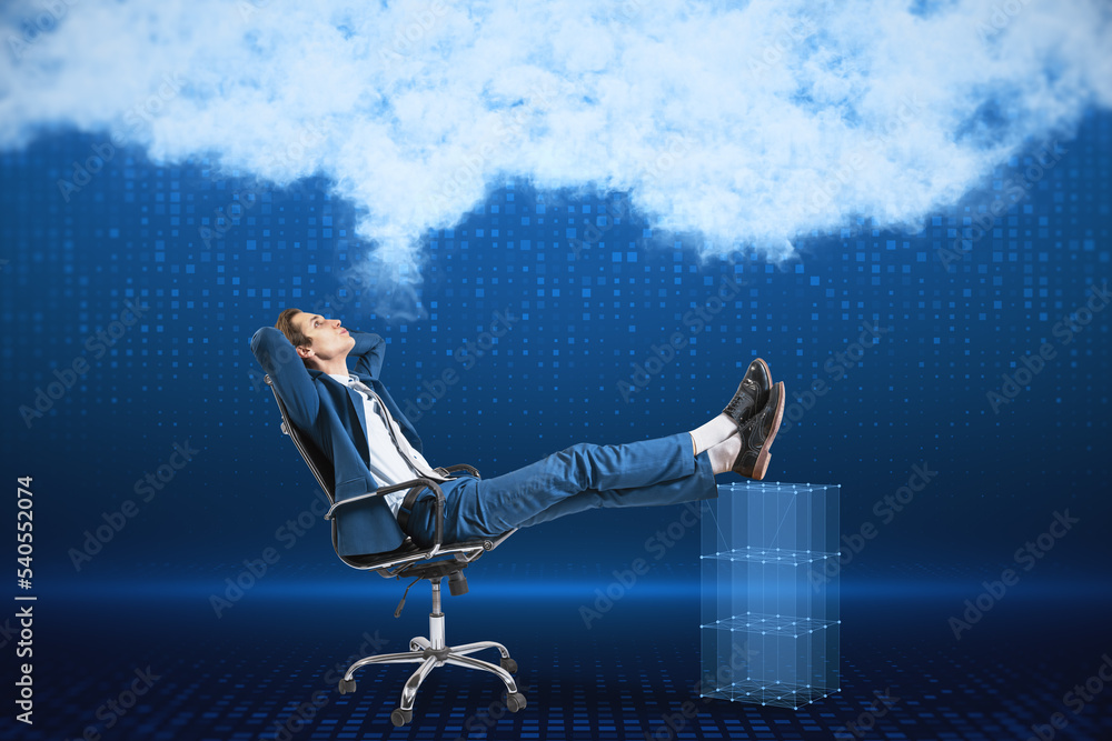 Poster attractive young european businessman laying on chair on blurry digital blue background with abstrac