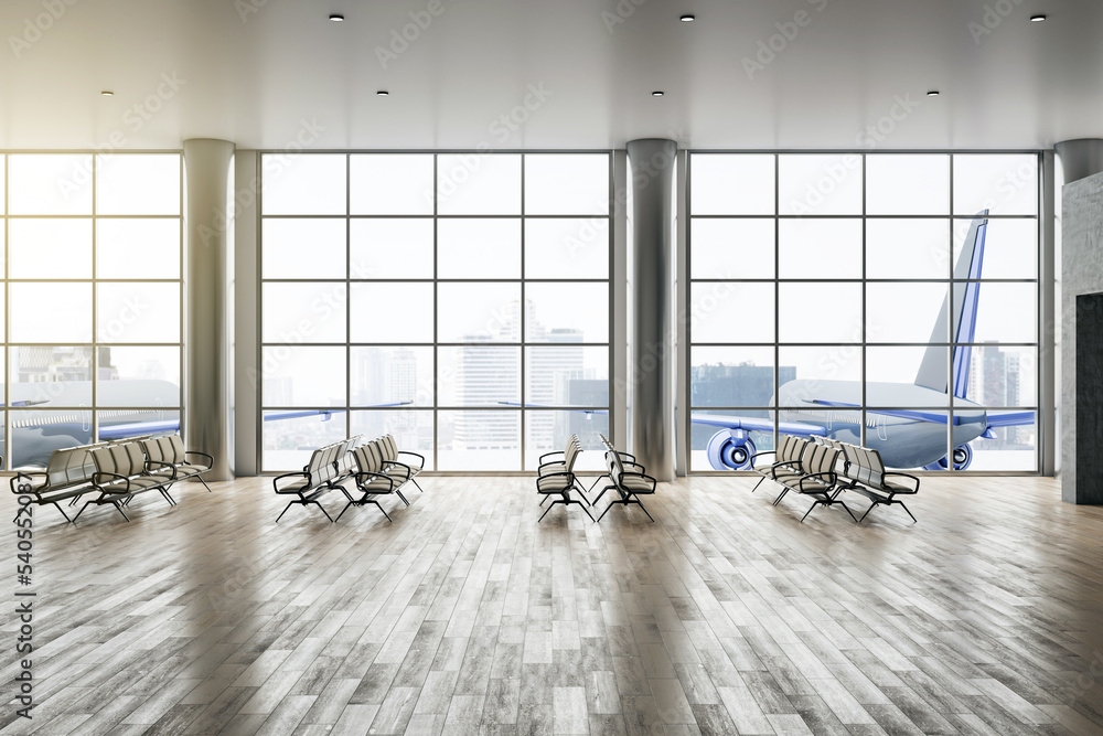 Poster Travel and vacation concept with side view on light empty seat rows in sunlit spacious airport waiting area hall with planes view through huge panoramic windows and wooden floor. 3D rendering