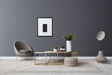 Minimalistic composition of living room interior design with mock up poster frame, flowers in vase, rattan baskets and elegant accessories. Stylish home decor. Template. Gray background walls.