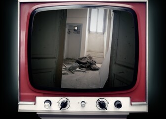 A retro TV set showing an ominous abandoned location (haunted house) with objects left on the floor. The beginning of a horror movie.
