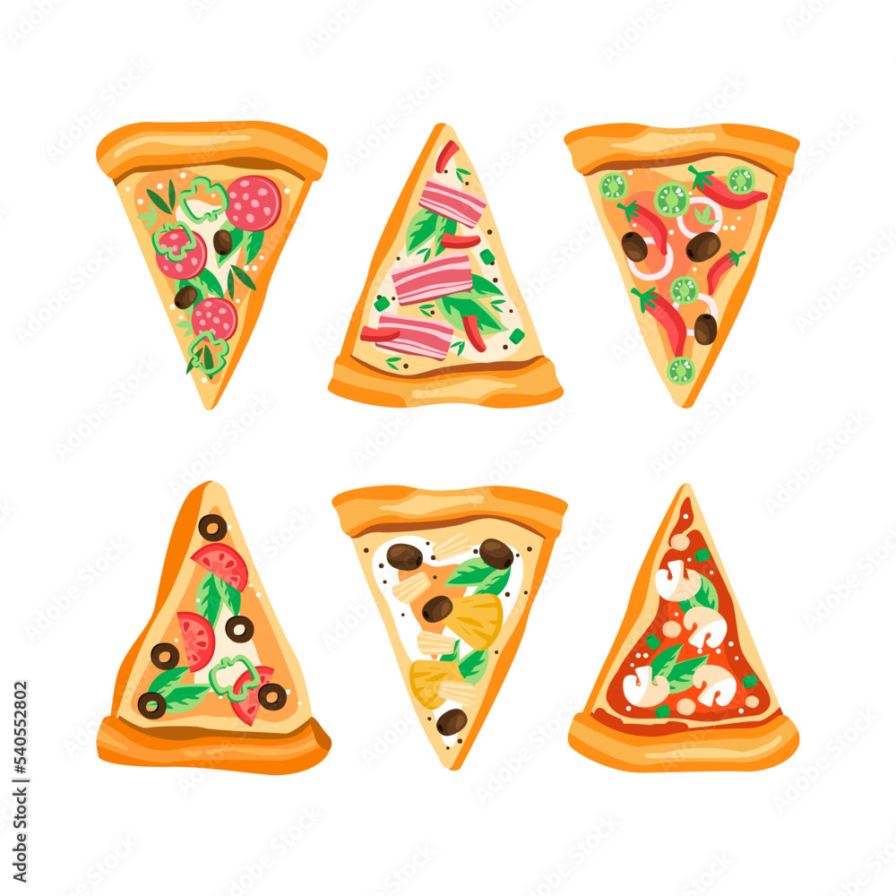 Poster slices of appetizing pizza with different ingredients above view vector set