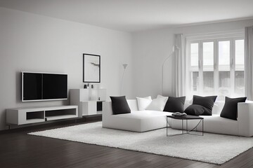 Naklejka na ściany i meble White living room with sofa. Scandinavian interior design. 3D illustration