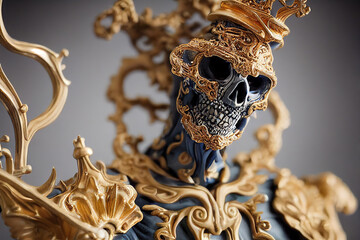 3 D render. A skeleton in gold clothes, gold patterns. King of the Dead 