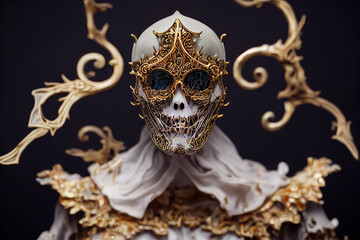 3 D render. A skeleton in gold clothes, gold patterns. King of the Dead 