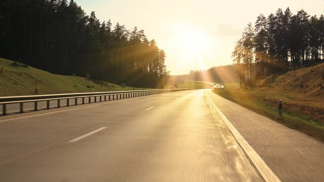 Road view on a summer day. Highways and cars, roadside and white road line markings.
