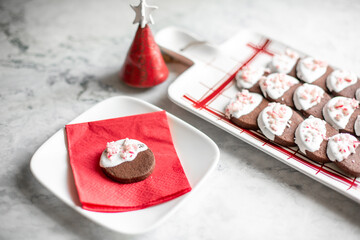 Chocolate Cookies Dipped in White Icing and Sprinkled with Peppermint