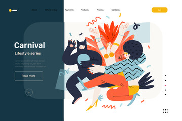 Naklejka premium Lifestyle web template - Carnival - modern flat vector illustration of masked people dancing together, taking part in the costume carnival procession. People activities concept