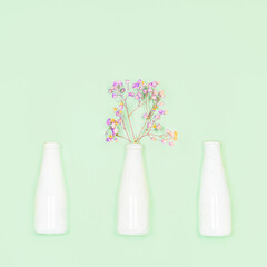 Concept of natural cosmetic with bottles and field flowers on light green background.