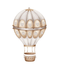 Brown hot air balloon with basket..Watercolor illustration isolated on white background.