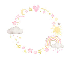 Watercolor frame with rainbow,clouds,stars,moon,sun..Watercolor hand painted illustrations isolated on white background .
