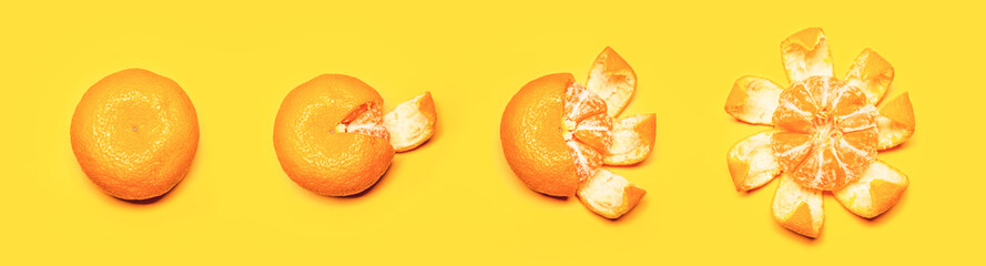 Flat lay of fresh juicy tangerine on yellow backround.