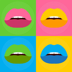 Pop Art Poster. Multicolored lips. Multicolored background. Vector illustration